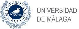Logótipo da Universidade de Málaga com um emblema circular azul que apresenta um pássaro branco e um texto em latim, ao lado da inscrição «Universidad de Málaga» em letras maiúsculas cinzentas.